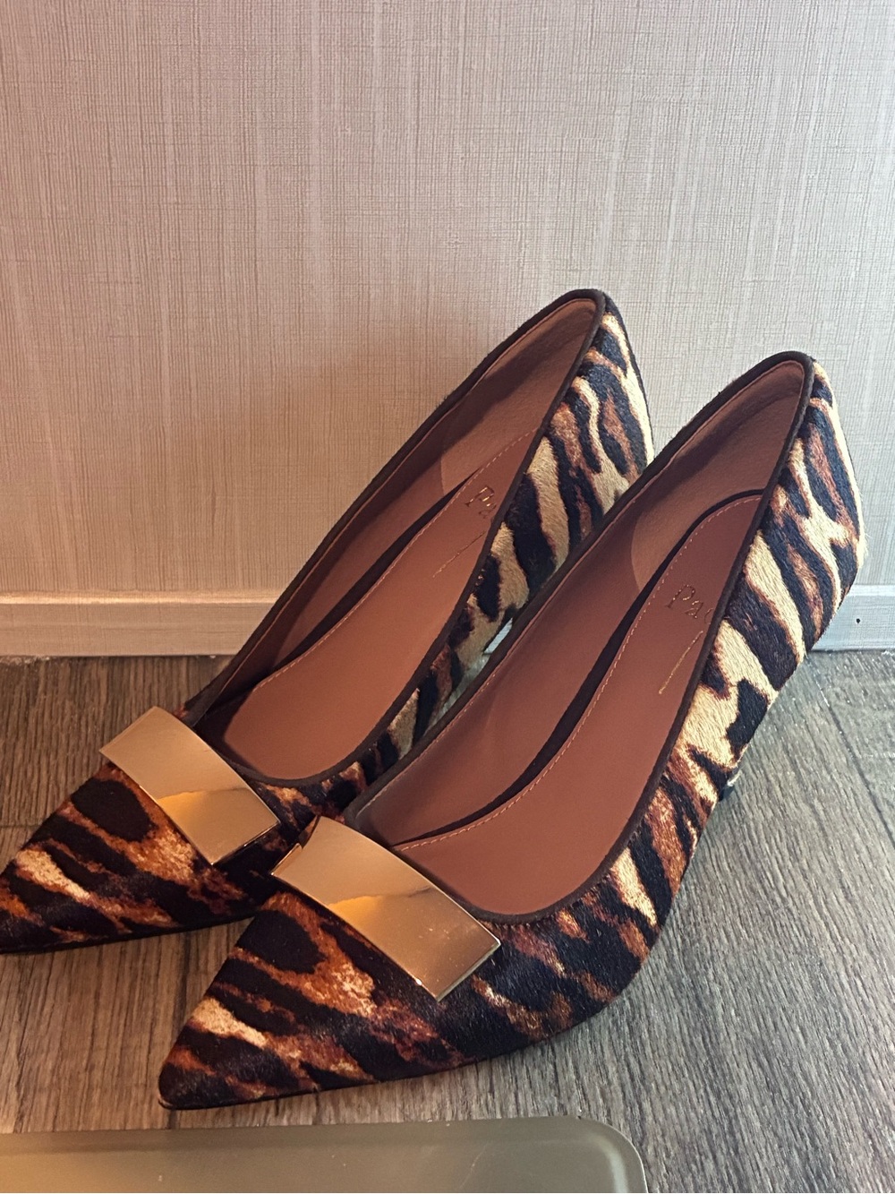 Real Calf Hair Animal Print Pointed Toe Pumps with Gold Bar Accent